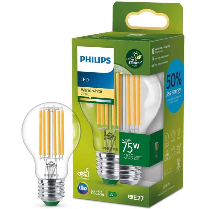 Philips LED E27 Normal 5,2W (75W) Klar 1095lm 2700K Energiklasse A i gruppen Elektronikk / Lys / LED-lys hos TP E-commerce Nordic AB (C58113)