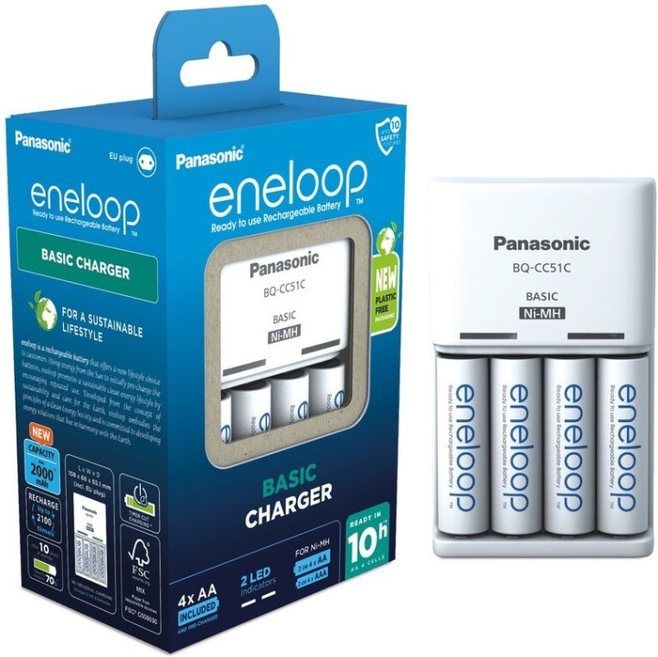 Panasonic Eneloop BQ-CC51 lader + 4 x 2000 mAh AA-batterier i gruppen Elektronikk / Batterier & Ladere / Oppladbare batterier / AA hos TP E-commerce Nordic AB (C58864)