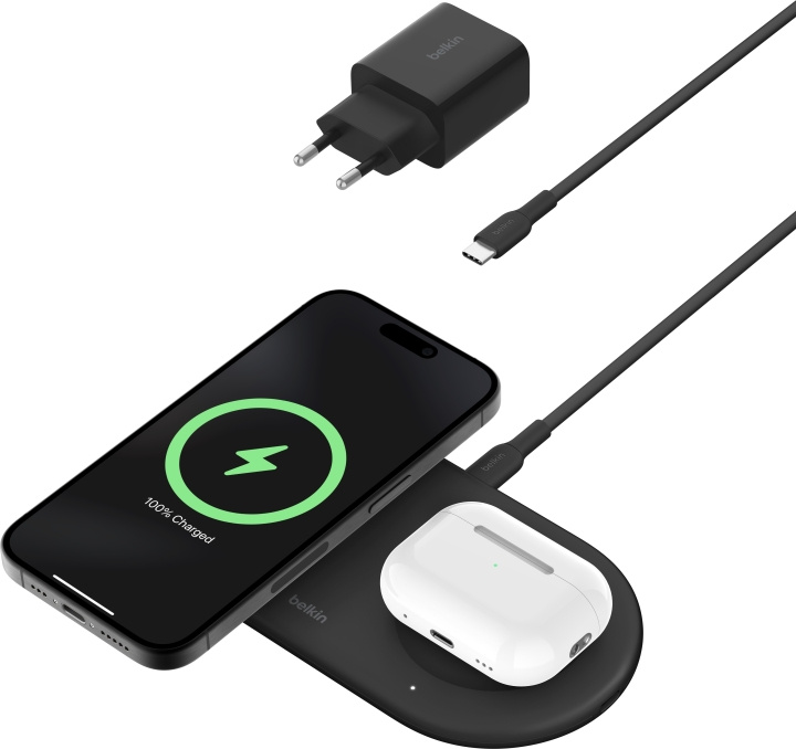 Belkin BoostCharge Pro 2-i-1 Qi2 laddningsplatta, svart i gruppen SMARTTELEFON & NETTBRETT / Ladere og Kabler / Trådløs lader QI hos TP E-commerce Nordic AB (C58923)