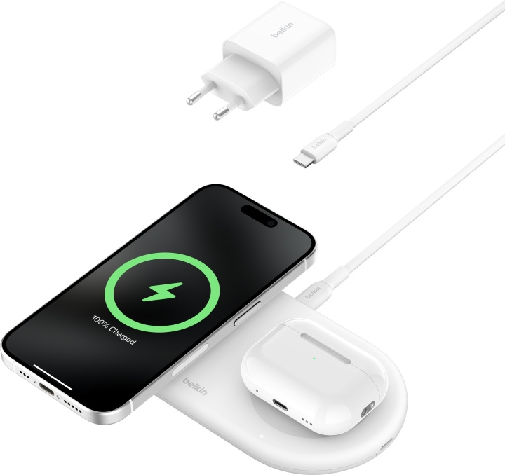Belkin BoostCharge Pro 2-i-1 Qi2-ladeplate, hvit i gruppen SMARTTELEFON & NETTBRETT / Ladere og Kabler / Trådløs lader QI hos TP E-commerce Nordic AB (C58924)