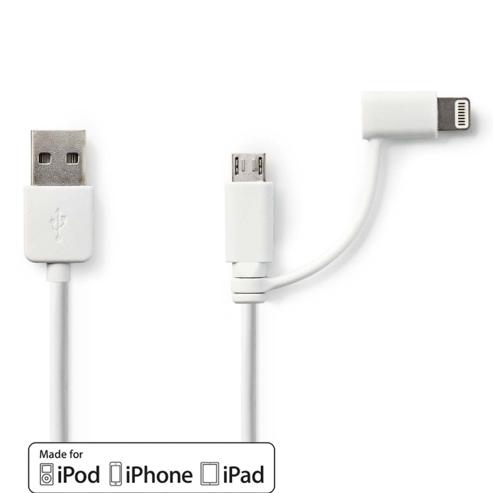 Nedis 2 i en kabel | USB 2.0 | USB-A Han | Apple Lightning 8-Pinners / USB Micro-B Han | 480 Mbps | 1.00 m | Nikkel belagt | Rund | PVC | Hvit | Plastpose i gruppen Datautstyr / Kabler og adaptere / USB / USB-A / Kabler hos TP E-commerce Nordic AB (C58985)