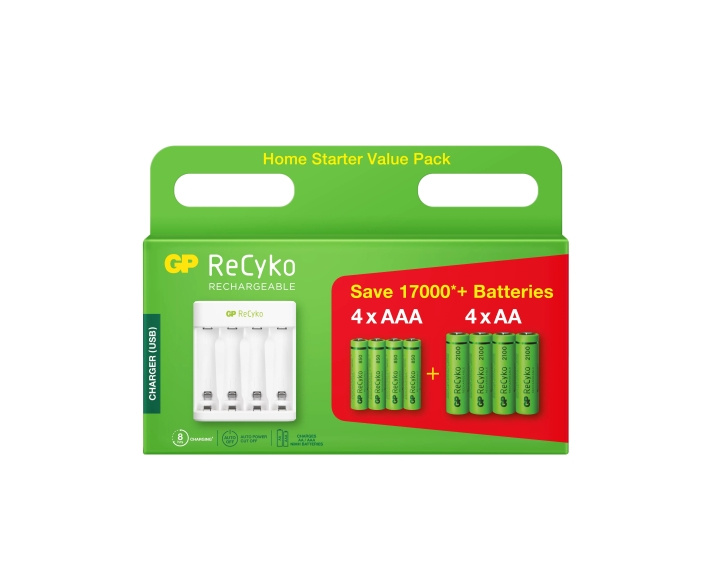 GP ReCyko Kit 4xAA 2100mA/ 4xAAA 850mA NiMH ferdigpakket display i gruppen Elektronikk / Batterier & Ladere / Oppladbare batterier / AA hos TP E-commerce Nordic AB (C60035)