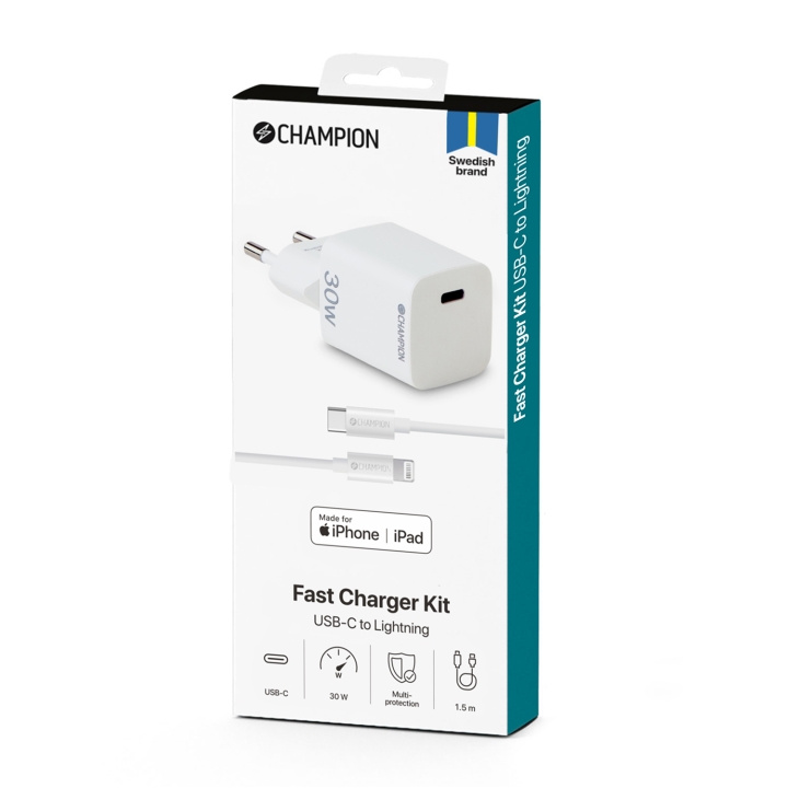 Champion Lader 30W + USB-C til Lightning-kabel hvit i gruppen SMARTTELEFON & NETTBRETT / Ladere og Kabler / Vegglader / Vegglader Lightning hos TP E-commerce Nordic AB (C60262)
