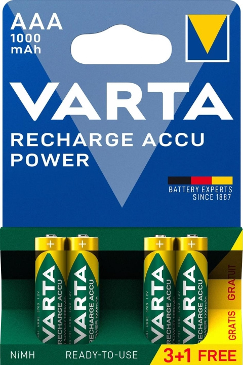 Varta Recharge Charge Accu Power AAA 1000mAh 4-pakning (3+1) i gruppen Elektronikk / Batterier & Ladere / Oppladbare batterier / AAA hos TP E-commerce Nordic AB (C60789)
