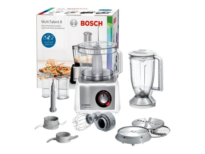 Bosch MultiTalent 8 MC812S814 Köksmaskin 3,9 liter Borstat rostfritt stål/vit i gruppen HJEM, HUS OG HAGE / Husholdningsapparater / Matprosessorer og kjøkkenassistenter / Miksere og blendere hos TP E-commerce Nordic AB (C62039)