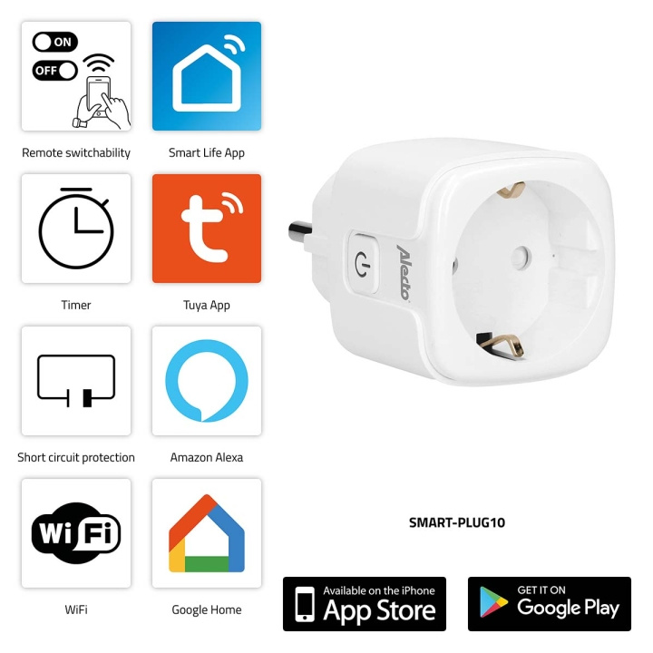 Alecto SMART-PLUG10 Smart Wi-Fi-plugg 16A 3680W i gruppen HJEM, HUS OG HAGE / Smarthus / Smart plugs hos TP E-commerce Nordic AB (C64502)