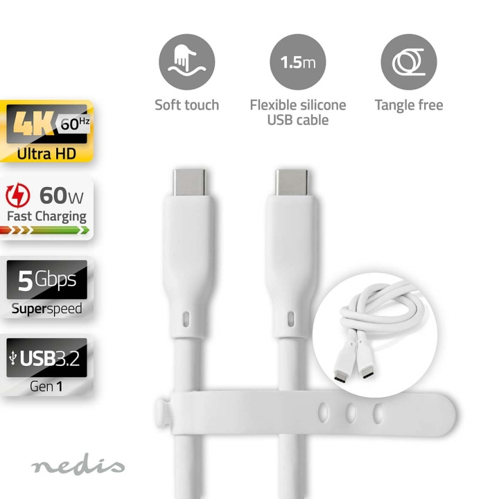 Nedis USB-kabel | USB 3.2 Gen 1 | USB-C™ Hann | USB-C™ Hann | 60 W | 4K@60Hz | 5 Gbps | Nikkel belagt | 1.50 m | Rund | Silikon | Hvit | Boks