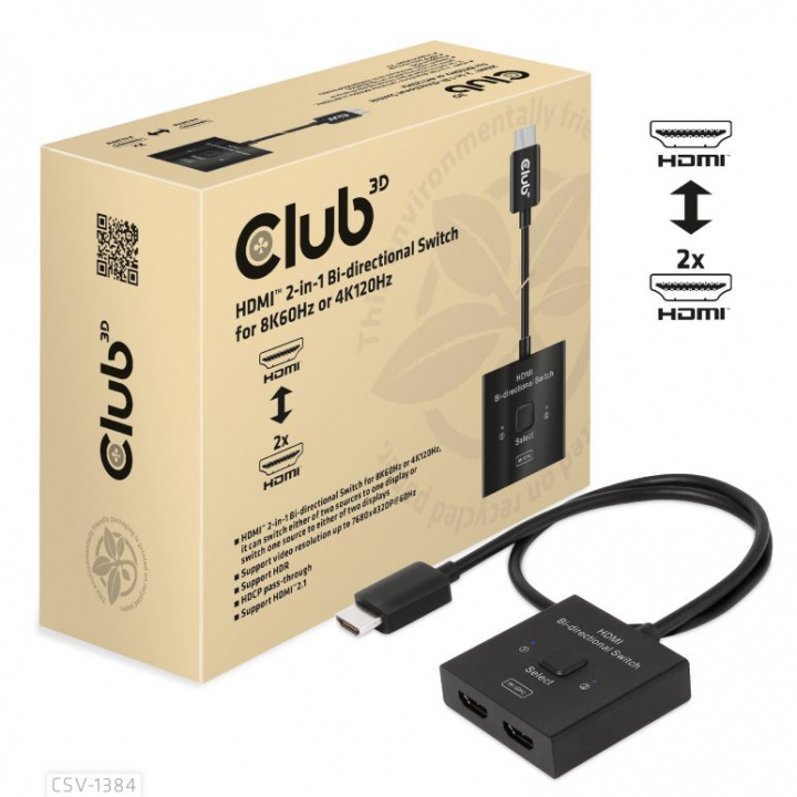 Club 3D HDMI 2-i-1 dobbeltrettet bryter for 8K60Hz eller 4K120Hz i gruppen Datautstyr / Kabler og adaptere / HDMI/VGA/DVI-switcher hos TP E-commerce Nordic AB (C67870)