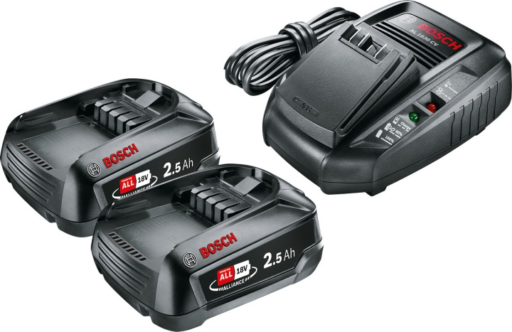 Bosch 18 V Li-ion-batteriladersett, 2 x 2,5 Ah-batterier og AL 1830 CV-lader i gruppen HJEM, HUS OG HAGE / Verktøy / Batterier til Elektroverktøy hos TP E-commerce Nordic AB (C69512)