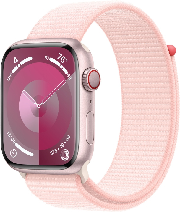 Apple Watch Series 9 (GPS + Cellular) 45 mm rosa aluminiumsdeksel og rosa Sport Loop-rem (MRMM3) i gruppen SMARTTELEFON & NETTBRETT / Trening, hjem og fritid / Apple Watch og tilbehør / Apple Watch hos TP E-commerce Nordic AB (C77665)