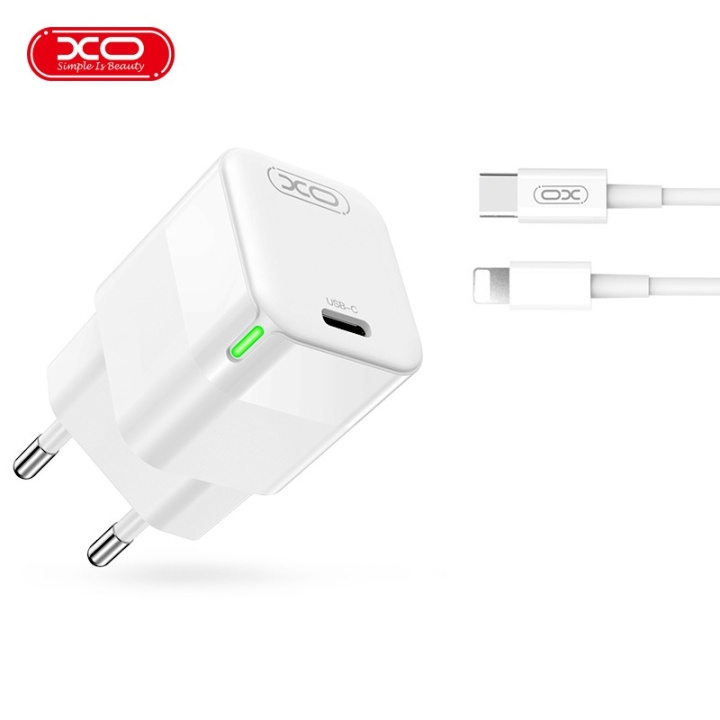 Xo vegglader CE06 PD 30W 1x USB-C hvit + USB-C - Lightning-kabel i gruppen SMARTTELEFON & NETTBRETT / Ladere og Kabler / Vegglader / Vegglader Lightning hos TP E-commerce Nordic AB (C79246)