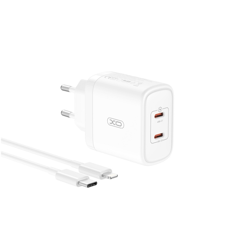 Xo vegglader CE08 PD 50W 2x USB-C hvit + USB-C - Lightning-kabel i gruppen SMARTTELEFON & NETTBRETT / Ladere og Kabler / Vegglader / Vegglader Type C hos TP E-commerce Nordic AB (C79266)