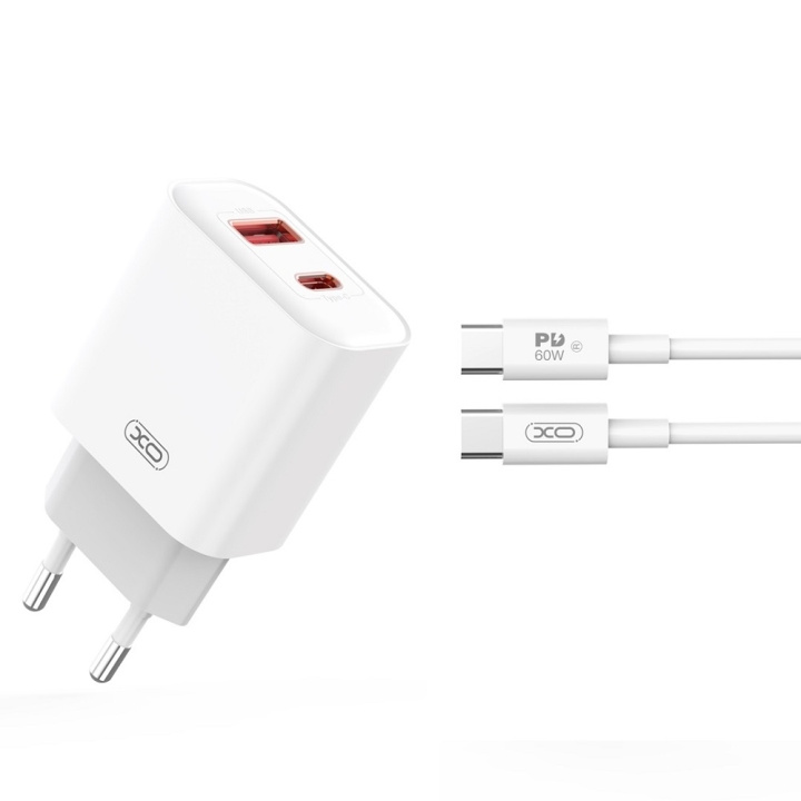 Xo vegglader CE12 PD QC3.0 20W 1x USB 1x USB-C hvit + USB-C - USB-C-kabel i gruppen SMARTTELEFON & NETTBRETT / Ladere og Kabler / Vegglader / Vegglader Type C hos TP E-commerce Nordic AB (C79272)