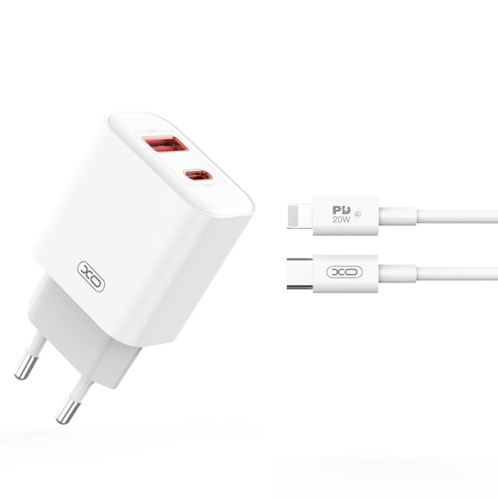 Xo vegglader CE12 PD QC3.0 20W 1x USB 1x USB-C hvit + USB-C - Lightning-kabel i gruppen SMARTTELEFON & NETTBRETT / Ladere og Kabler / Vegglader / Vegglader Lightning hos TP E-commerce Nordic AB (C79273)