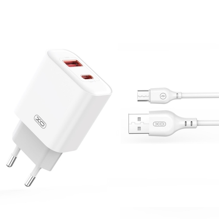 Xo vegglader CE12 PD QC3.0 20W 1x USB 1x USB-C hvit + USB - microUSB-kabel i gruppen SMARTTELEFON & NETTBRETT / Ladere og Kabler / Vegglader / Vegglader microUSB hos TP E-commerce Nordic AB (C79274)