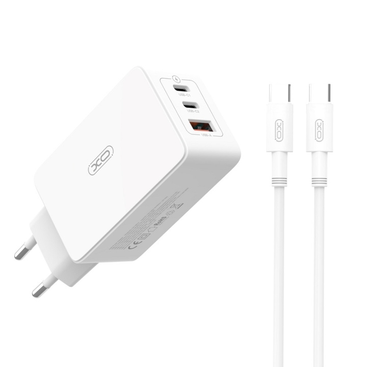 Xo vegglader CE13 PD QC 3.0 65W 1x USB 2x USB-C hvit + USB-C - USB-C-kabel i gruppen SMARTTELEFON & NETTBRETT / Ladere og Kabler / Vegglader / Vegglader Type C hos TP E-commerce Nordic AB (C79277)
