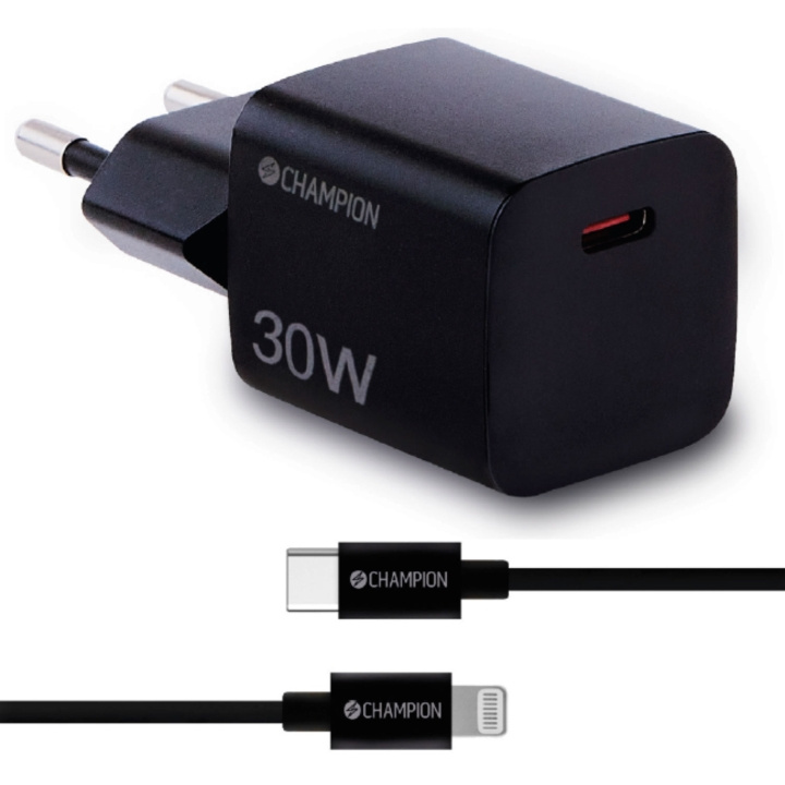 Champion Lader 30W + USB-C til Lightning-kabel Svart i gruppen SMARTTELEFON & NETTBRETT / Ladere og Kabler / Vegglader / Vegglader Lightning hos TP E-commerce Nordic AB (C82816)