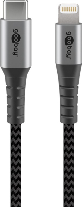 Goobay Lightning USB-C™ tekstilkabel med metallkontakter, 2 m MFi-sertifisert, elegant og ekstra robust lade- og synkroniseringskabel for Apple iPhone/iPad (svart, grå) i gruppen SMARTTELEFON & NETTBRETT / Ladere og Kabler / Kabler / Kabler Lightning hos TP E-commerce Nordic AB (C86850)