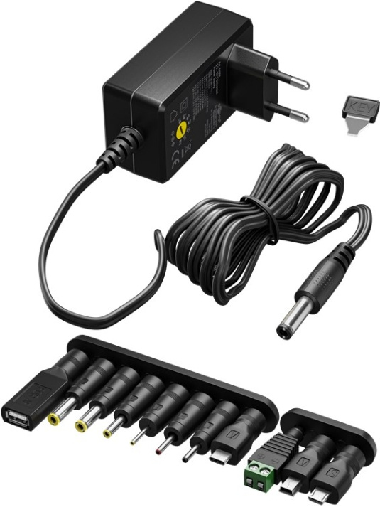 Goobay Universell strømforsyning 3 V - 12 V, maks. 7,2 W inkl. 11 adaptere: 7 DC-adaptere pluss USB-C™, USB-A, USB Mini-B, Micro-USB og rekkeklemme i gruppen HJEM, HUS OG HAGE / El og belysning / Strømadaptere hos TP E-commerce Nordic AB (C86879)