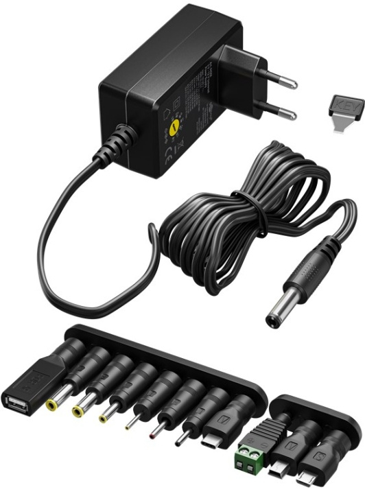 Goobay Universell strømforsyning 3 V - 12 V, maks. 3,6 W inkl. 11 adaptere: 7 DC-adaptere pluss USB-C™, USB-A, USB Mini-B, Micro-USB og rekkeklemme i gruppen HJEM, HUS OG HAGE / El og belysning / Strømadaptere hos TP E-commerce Nordic AB (C86928)