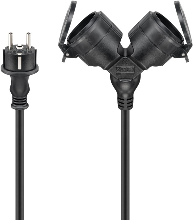 Goobay Dobbel skjøteledning for utendørs bruk, 5 m, svart jordet hybridplugg (type E/F, CEE 7/7) > 2x jordet stikkontakt (type F, CEE 7/3)