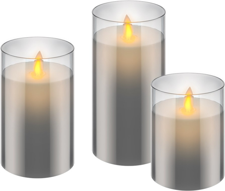 Goobay 3-pakning LED-lys av ekte voks i glass, grå-transparent, inkl. 10x AAA (LR03) med timerfunksjon og pendelveke, batteridrevet, varmhvit (2700 K) i gruppen Elektronikk / Lys / Annen belysning hos TP E-commerce Nordic AB (C86977)