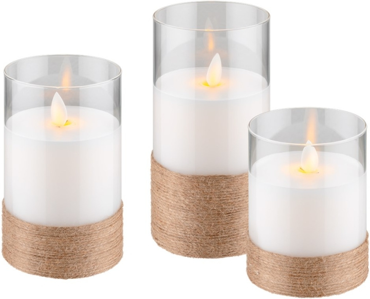 Goobay 3-pakning LED-lys av ekte voks i glass, hvit, innpakket med hamp, inkl. 8x AA (LR6) med timerfunksjon og pendelveke, batteridrevet, varmhvit (2700 K) i gruppen Elektronikk / Lys / Annen belysning hos TP E-commerce Nordic AB (C86978)