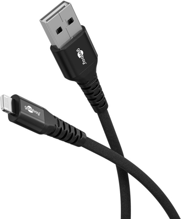 Goobay Lightning-USB-A supermyk tekstilkabel med metallkontakter, 3 m, svart MFi-sertifisert, elegant og ekstra robust lade- og synkroniseringskabel for Apple iPhone/iPad (svart) i gruppen SMARTTELEFON & NETTBRETT / Ladere og Kabler / Kabler / Kabler Lightning hos TP E-commerce Nordic AB (C87030)