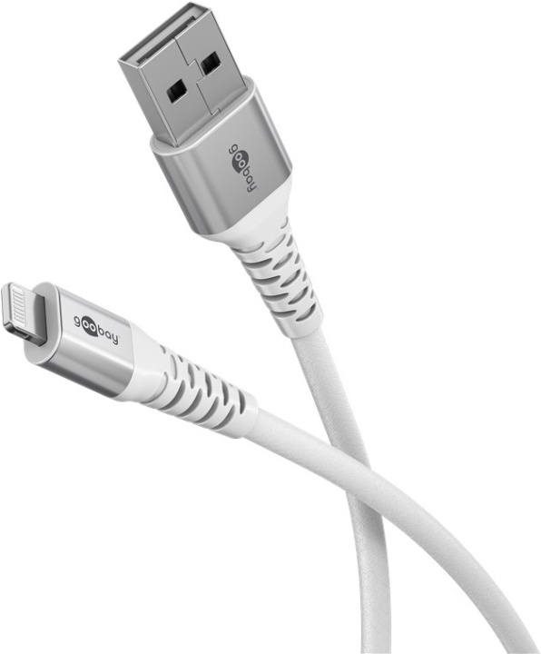 Goobay Lightning-USB-A supermyk tekstilkabel med metallkontakter, 1 m, hvit MFi-sertifisert, elegant og ekstra robust lade- og synkroniseringskabel for Apple iPhone/iPad (hvit) i gruppen SMARTTELEFON & NETTBRETT / Ladere og Kabler / Kabler / Kabler Lightning hos TP E-commerce Nordic AB (C87032)