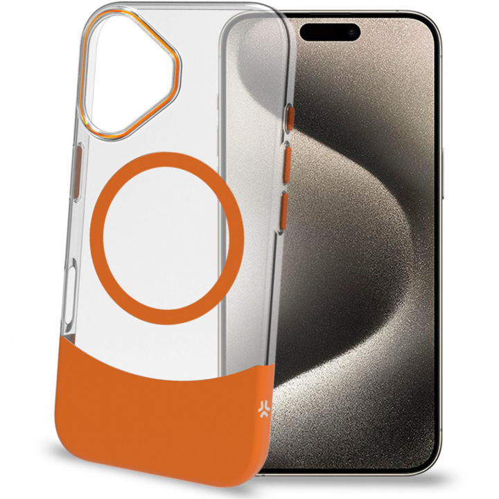 Celly Magdual MagSafe-kompatibelt skall iPhone 16 Orange + Transparent i gruppen SMARTTELEFON & NETTBRETT / Mobilbeskyttelse / Apple / iPhone 16 hos TP E-commerce Nordic AB (C88239)