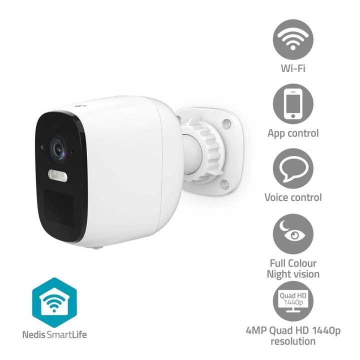 Nedis SmartLife Utendørs kamera | Wi-Fi | Søkelys | 4MP Quad HD 1440p / 2560x1440 | IP66 | Maks. batteri levetid: 10 Måned | Cloud Storage (valgfritt) / microSD (ikke inkludert) | 5 V DC | Med bevegelses sensor | Nattsyn | Hvit i gruppen HJEM, HUS OG HAGE / Alarm, Sikkerhet og overvåking / Overvåkingskameraer / Digitalt (nettverk) / Utendørs kameraer hos TP E-commerce Nordic AB (C94857)
