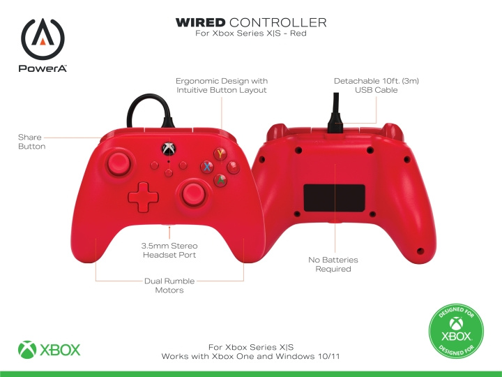 PowerA PowerA Kablet kontroller for Xbox Series X - S - Rød i gruppen Elektronikk / TV-spill & tilbehør / Xbox Series X / Tilbehør hos TP E-commerce Nordic AB (D02344)