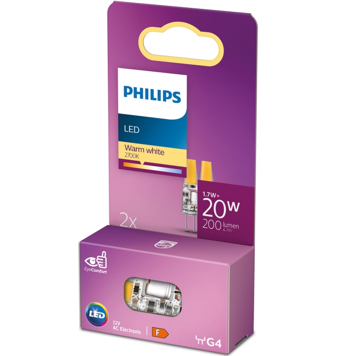 Philips LED G4 1,7W (20W) 12V Micro 200lm varmhvit 2-pk i gruppen Elektronikk / Lys / LED-lys hos TP E-commerce Nordic AB (D05495)