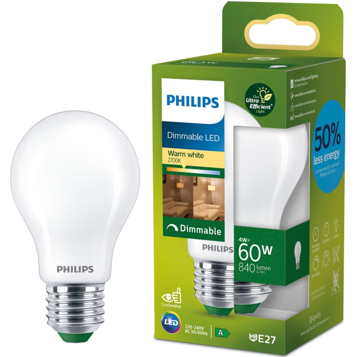 Philips LED E27 Normal A60 4W (60W) Frostet 840lm Dimbar 2700K Energiklasse A i gruppen Elektronikk / Lys / LED-lys hos TP E-commerce Nordic AB (D05505)