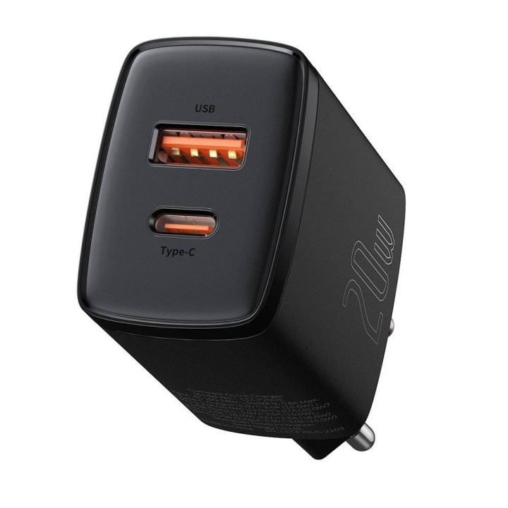 Baseus Compact Quick Adapter 20Watt USB-C + USB-A Svart i gruppen SMARTTELEFON & NETTBRETT / Ladere og Kabler / Vegglader / Vegglader Type C hos TP E-commerce Nordic AB (D10320)