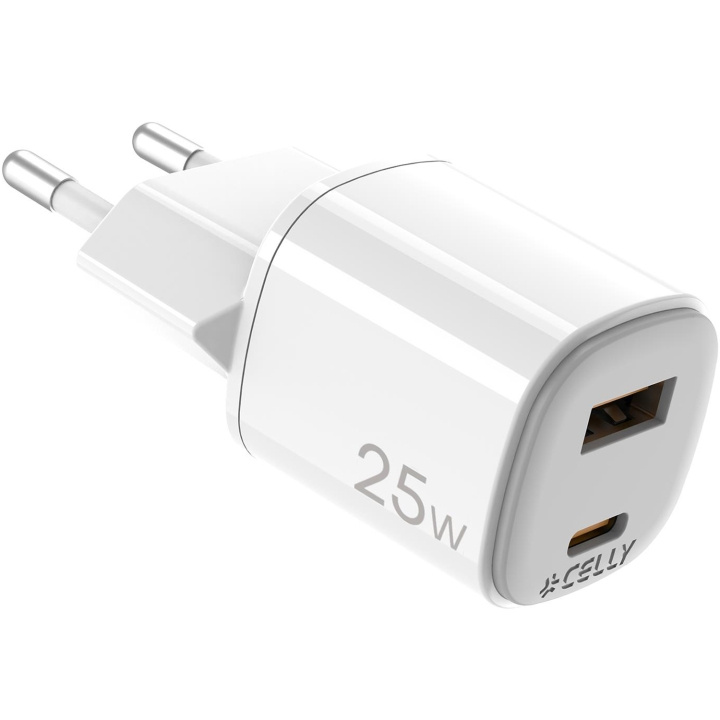 Celly USB-lader GaN 1 x USB-A + 1 x USB-C PD 25W i gruppen SMARTTELEFON & NETTBRETT / Ladere og Kabler / Vegglader / Vegglader USB hos TP E-commerce Nordic AB (D11520)