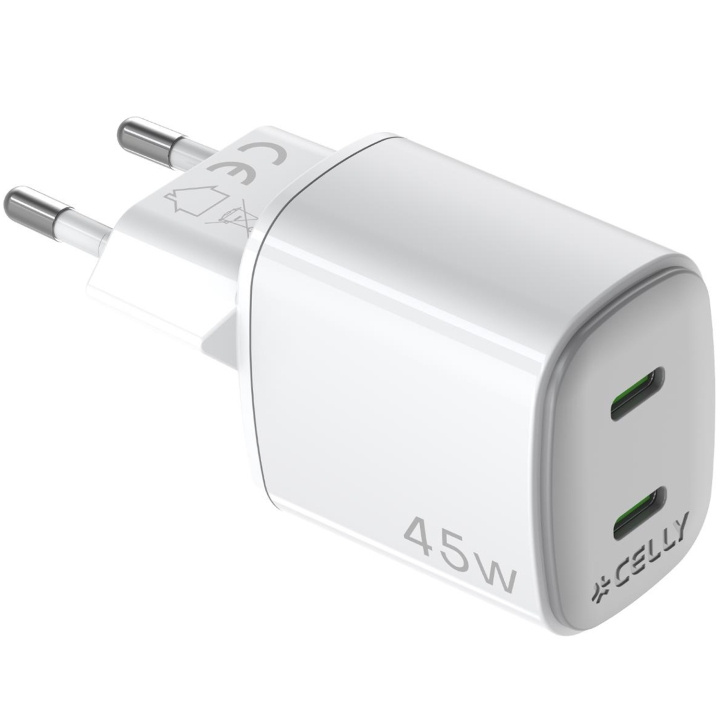 Celly USB-lader GaN 2 x USB-C PD 45W i gruppen SMARTTELEFON & NETTBRETT / Ladere og Kabler / Vegglader / Vegglader Type C hos TP E-commerce Nordic AB (D11522)