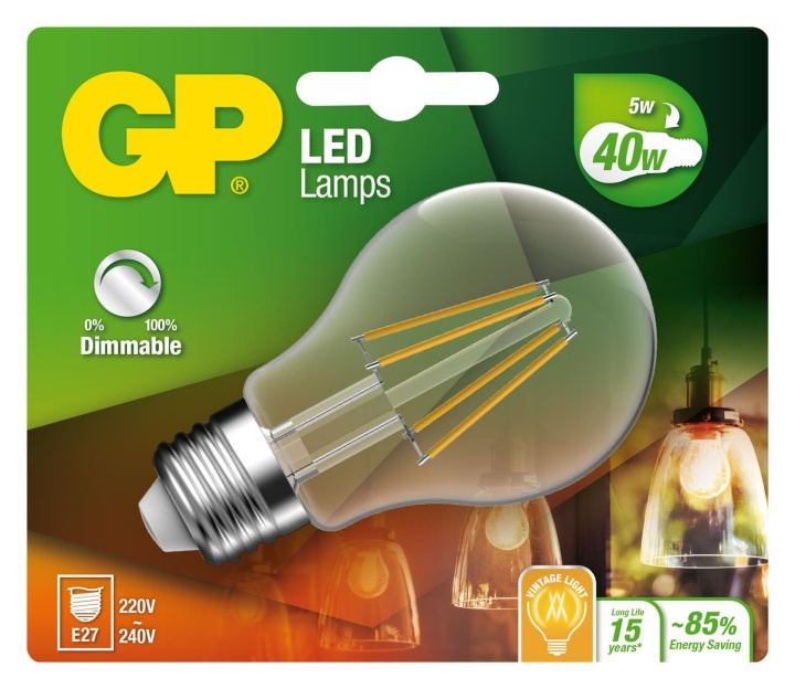 GP LED-lampe Classic Filament, E27, DIM, 5W (40W), 470lm i gruppen Elektronikk / Lys / LED-lys hos TP E-commerce Nordic AB (D14216)