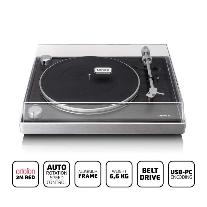 Lenco Platespiller med synlig remdrift, ramme i børstet aluminium og Ortofon 2M RED kassett Svart i gruppen Elektronikk / Lyd & Bilde / Hjemmekino, HiFi og bærbar / Kompakt Stereo & Platespillere hos TP E-commerce Nordic AB (D14674)