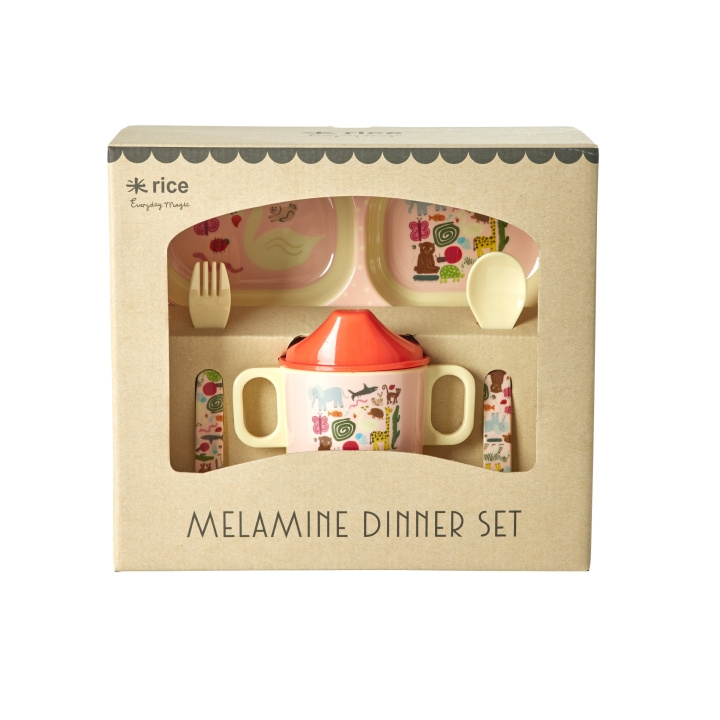 RICE Middagssett i melamin for babyer - Wildlife Print - Rosa i gruppen LEKER, BARN OG BABY / Spise & drikke / Barneserviser hos TP E-commerce Nordic AB (D15343)