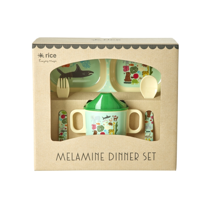 RICE Middagssett i melamin for babyer - Wildlife Print - Mint og blått i gruppen LEKER, BARN OG BABY / Spise & drikke / Barneserviser hos TP E-commerce Nordic AB (D15344)