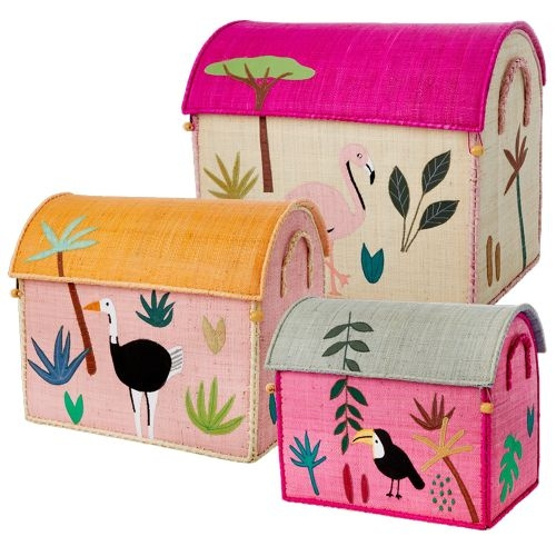 RICE Stort sett med 3 lekekurver med rosa jungeltema i gruppen LEKER, BARN OG BABY / Barnerom / Lagring hos TP E-commerce Nordic AB (D15683)