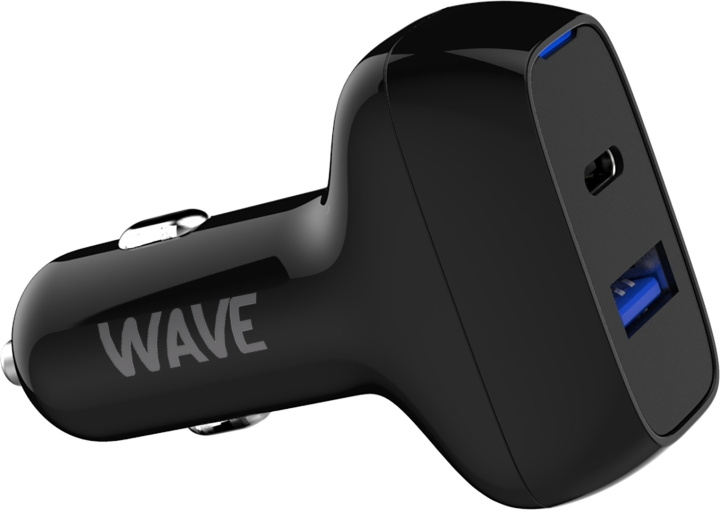 Wave Billader, 1 x USB Type-C + 1 x USB-A 18W+18W, svart i gruppen SMARTTELEFON & NETTBRETT / Ladere og Kabler / Billader / Billader Type C hos TP E-commerce Nordic AB (D15916)