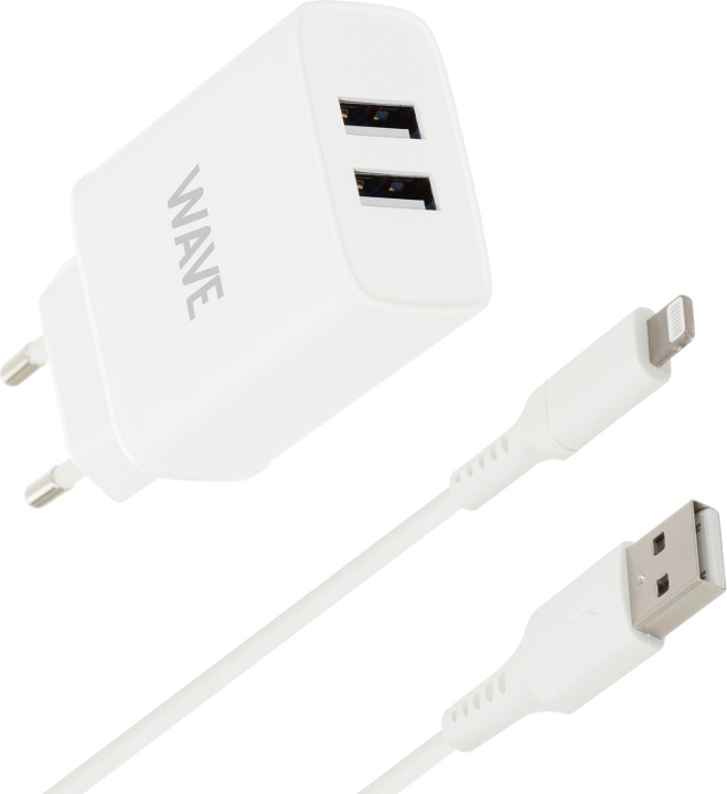Wave nettlader 2 x USB + Lightning-kabel, 17 W, hvit i gruppen SMARTTELEFON & NETTBRETT / Ladere og Kabler / Vegglader / Vegglader Lightning hos TP E-commerce Nordic AB (D15975)