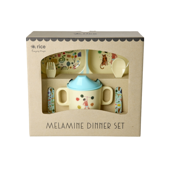 RICE Melamin middagssett for babyer - Fun Fair Print - Mint og blått i gruppen LEKER, BARN OG BABY / Spise & drikke / Barneserviser hos TP E-commerce Nordic AB (D19434)