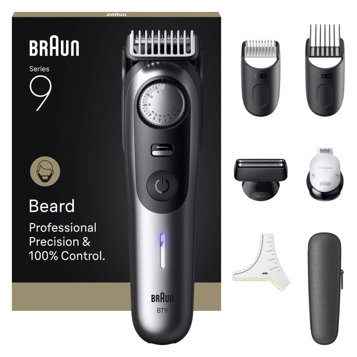 Braun Skjeggtrimmer Series 9, +7 Barbering Tools, BT9520 - Satin Chrome i gruppen HELSE OG SKJØNNHET / Hår & styling / Barbering og trimming / Skjeggtrimmere og tilbehør hos TP E-commerce Nordic AB (D19604)