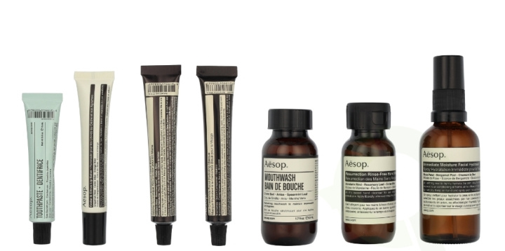 AESOP Departure Travel Kit 199 ml Hand Wash 50ml/Hand Balm 15ml/Hydrating Masque 15ml/Facial Hydrosol 50ml/Lip Cream 9ml/Mouthwash 50ml/Toothpaste 10ml i gruppen HELSE OG SKJØNNHET / Gavesett / Gavesett for henne hos TP E-commerce Nordic AB (D19647)