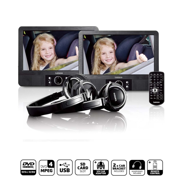 Lenco 9 tommers DVD-dobbeltskjerm med braketter og hodetelefoner Svart i gruppen Elektronikk / Lyd & Bilde / Hjemmekino, HiFi og bærbar / Blu-ray- og DVD-spillere hos TP E-commerce Nordic AB (D20928)