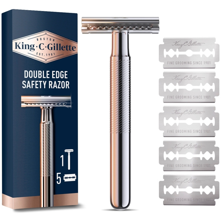 King C. Gillette Dubbeleggad Säkerhetshyvel + 5st rakblad i gruppen HELSE OG SKJØNNHET / Hår & styling / Barbering og trimming / Barberhøvler og tilbehør hos TP E-commerce Nordic AB (D20993)