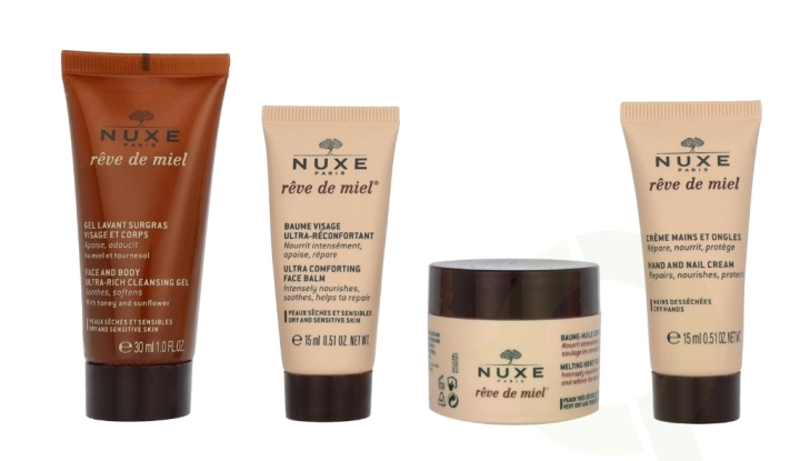 Nuxe Reve De Miel Travel Kit 90 ml Face and Body Wash 30 ml/Face Balm 15 ml/Melting Body Oil Balm 30 ml/Hands and Nails Cream 15 ml i gruppen HELSE OG SKJØNNHET / Gavesett / Gavesett for henne hos TP E-commerce Nordic AB (D23414)